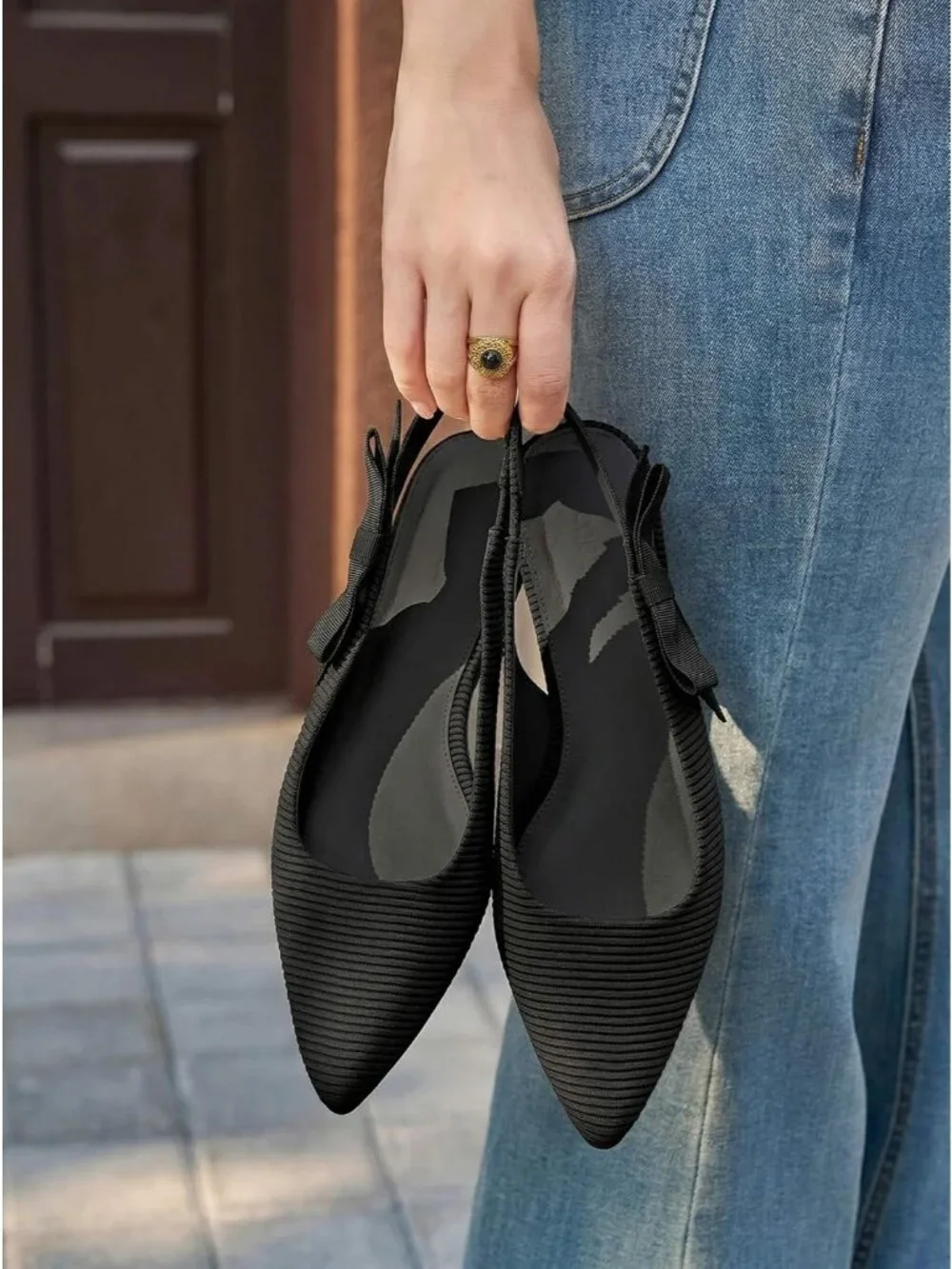 Women's Black Slingback Flats Bow Pointed Closed Toe Slip on Work Party Shoes